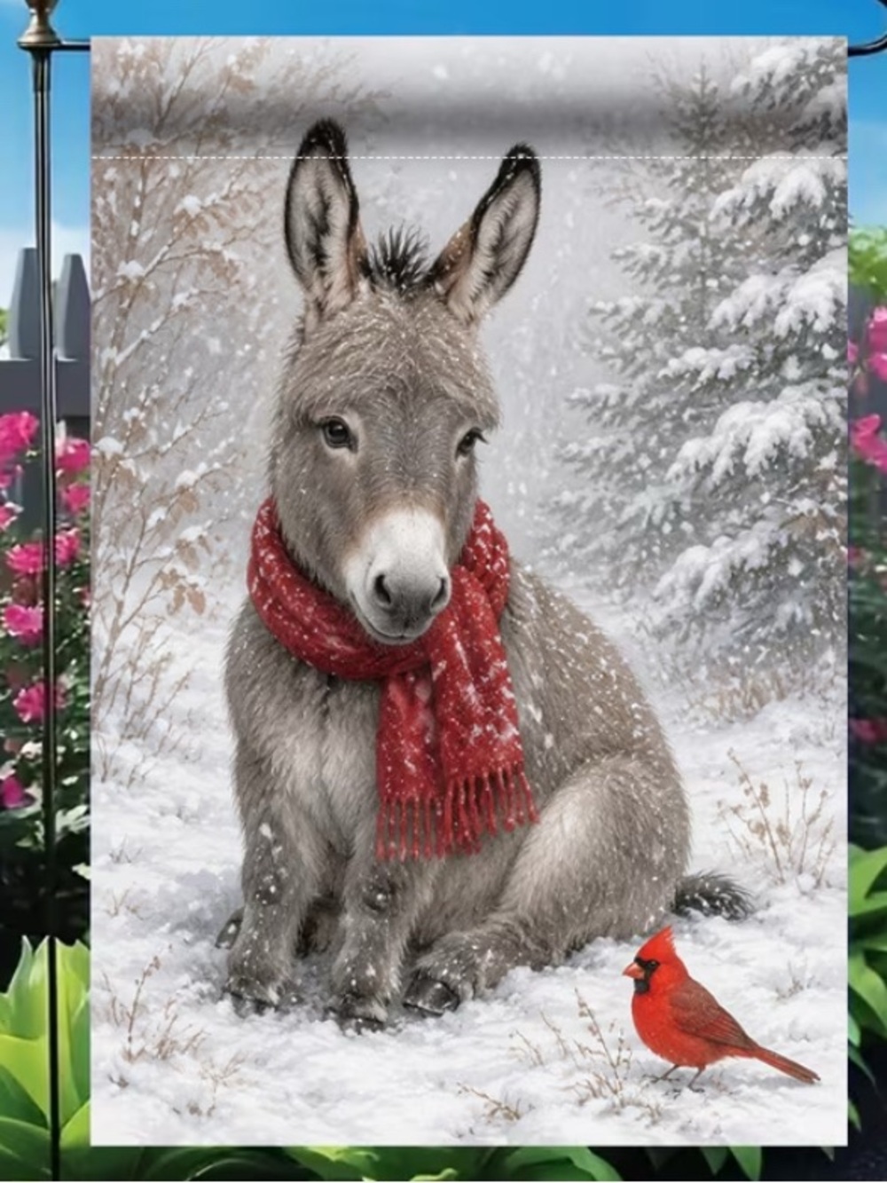 Winter Donkey Garden Flag with Red Scarf & Cardinal